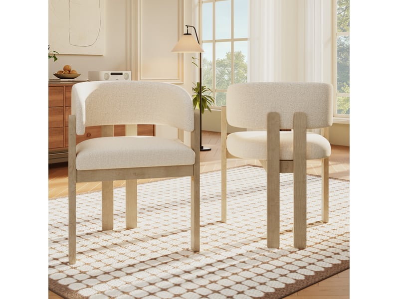 Lot de 2 chaises de salle à manger en bois et tissu bouclé naturel  - Conforama D
