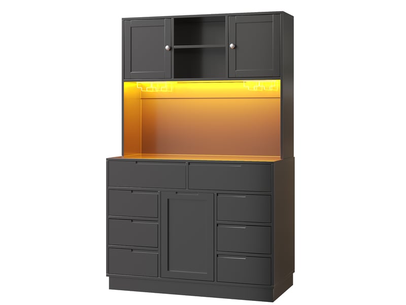  Meuble de cuisine noir avec éclairage à del, 8 tiroirs et étagères réglables, 120 × 40 × 183,5 cm  - Conforama A