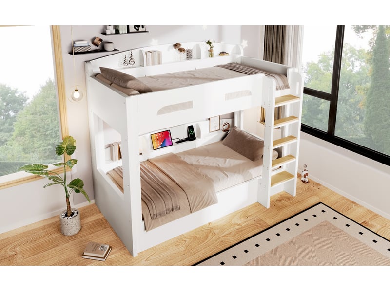 Lit superposé enfant 2 × 90 × 200 cm, étagères et prises usb, blanc - Conforama B