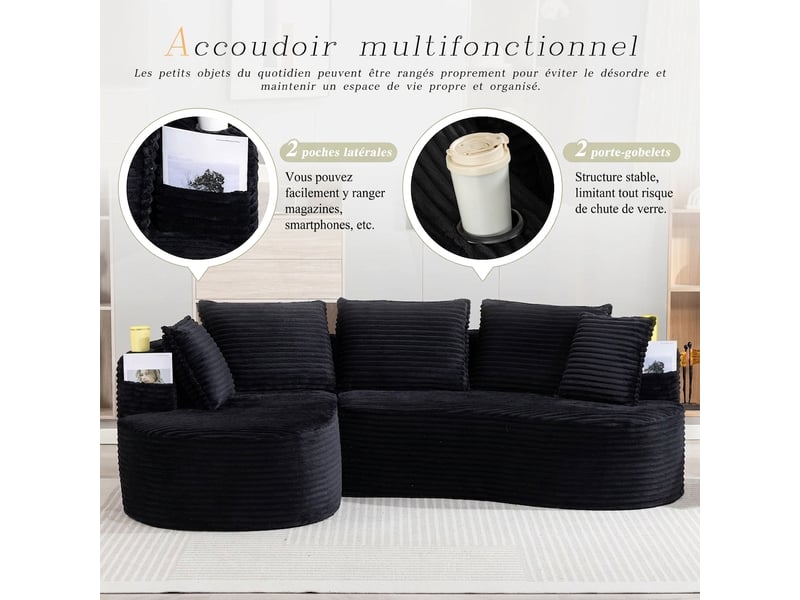  Canapé incurvé design moderne en velours côtelé doux et respirant 250 x 152 x 82 cm avec rangements  - Conforama D