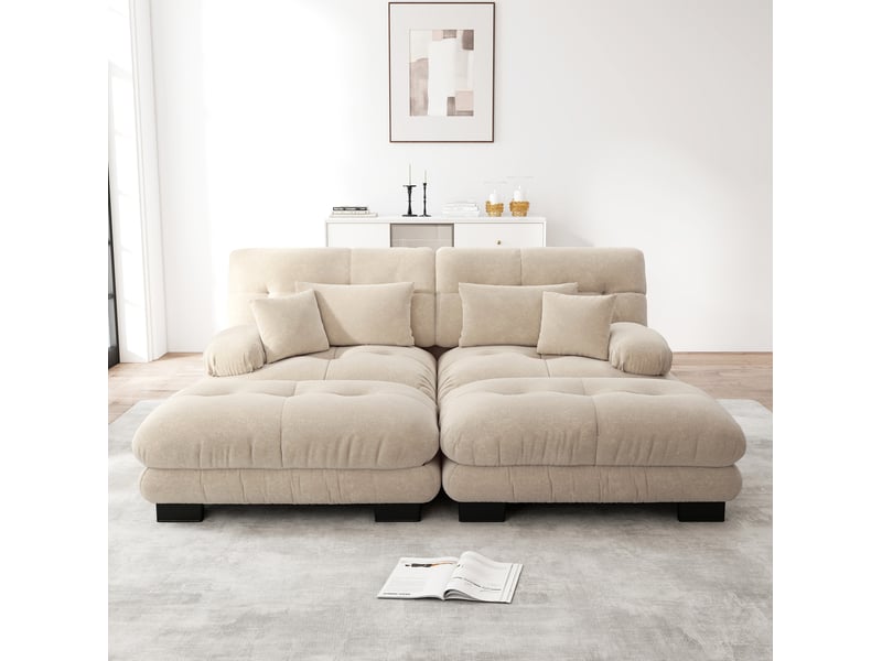  Canapé modulable 2 places 220x145x81 cm, 2 coussins d’ameublement et 2 poufs, avec 2 coussins lombaires, chenille beige  - Conforama B