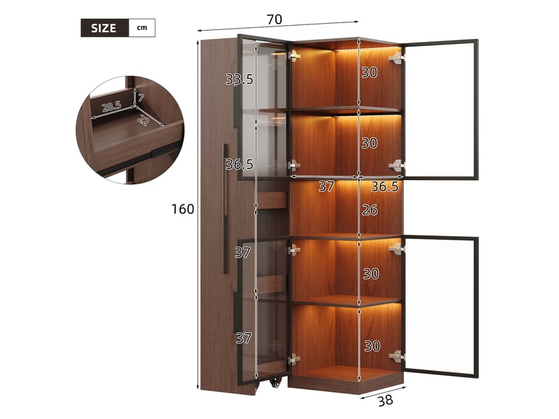  Vitrine armoire led verre 70x38x160cm meuble de rangement buffet haut avec éclairage led 5 portes pour salon cuisine - noyer  - Conforama R