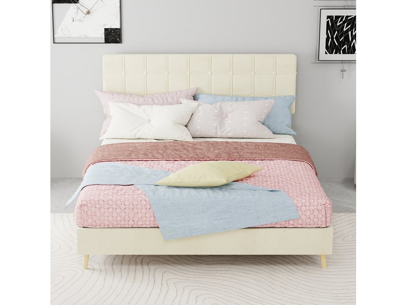  Lit double 140 x 200 cm en velours beige avec tête de lit capitonnée à carreaux  - Conforama D
