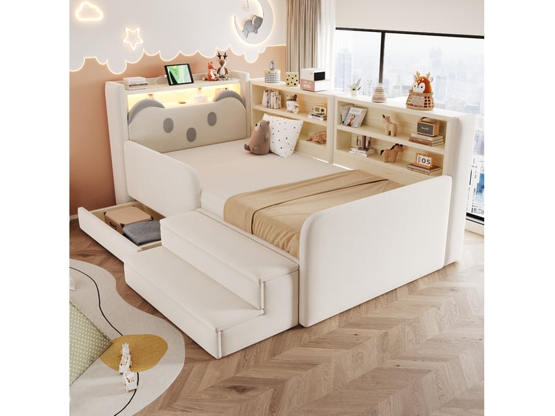  Lit enfant avec rangement 90x200 cm, éclairage led et port usb, métal, beige, sans matelas  - Conforama B