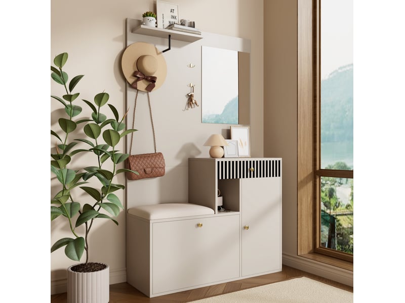  Meuble d'entrée avec miroir, assise rembourrée, crochets et étagères réglables en mdf beige crème 110 × 37 × 185,5 cm  - Conforama B