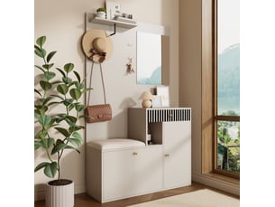 Meuble d'entrée avec miroir, assise rembourrée, crochets et étagères réglables en mdf beige crème 110 × 37 × 185,5 cm