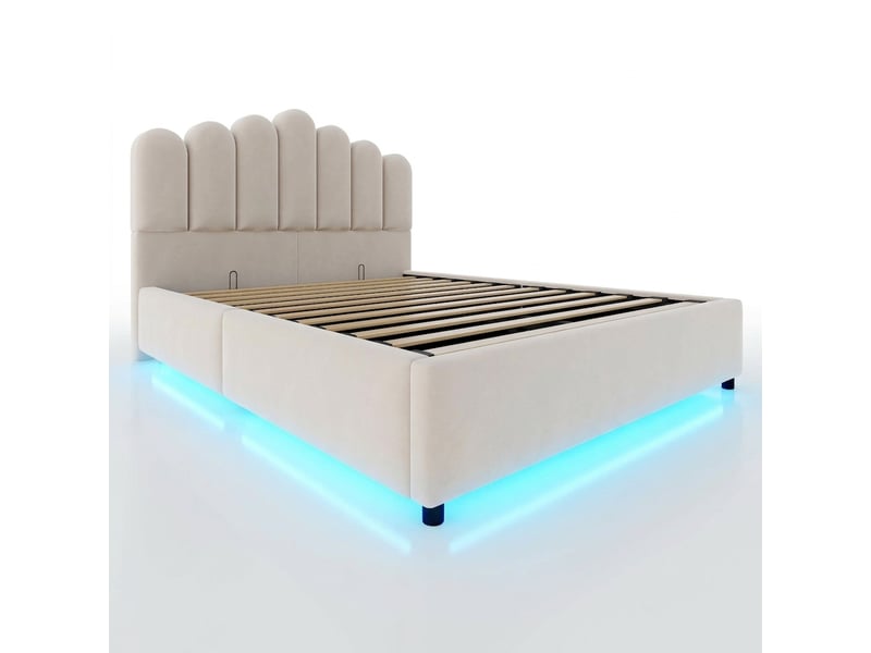  Lit coffre 140x200 velours beige avec tête de lit capitonnée et éclairage led sans matelas  - Conforama E
