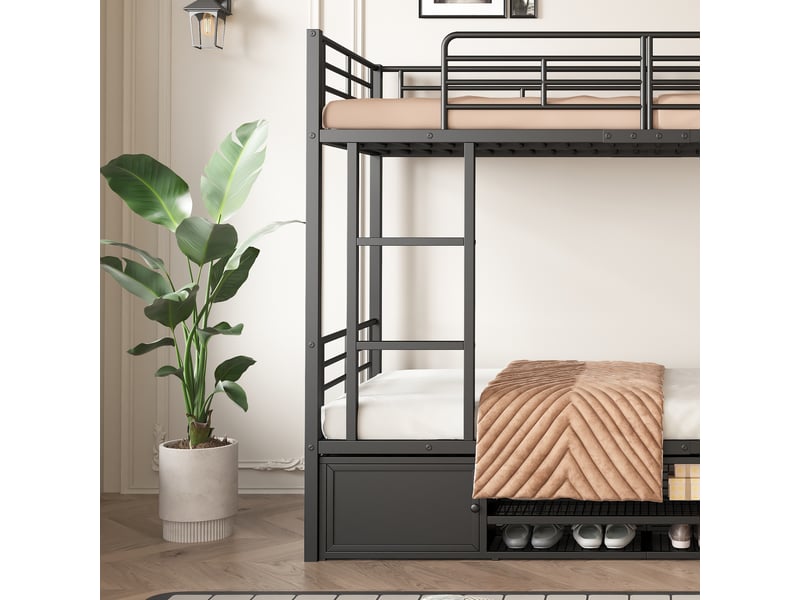  Lit superposé 90x200cm, structure en métal noir, échelle de côté, protection antichute, meuble à chaussures intégré  - Conforama E
