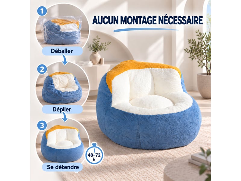 Canapé pouf géant en fausse fourrure, tissu doux respectueux de la peau, mousse déchiquetée haute résilience,bleu+blanc+jaune - Conforama E