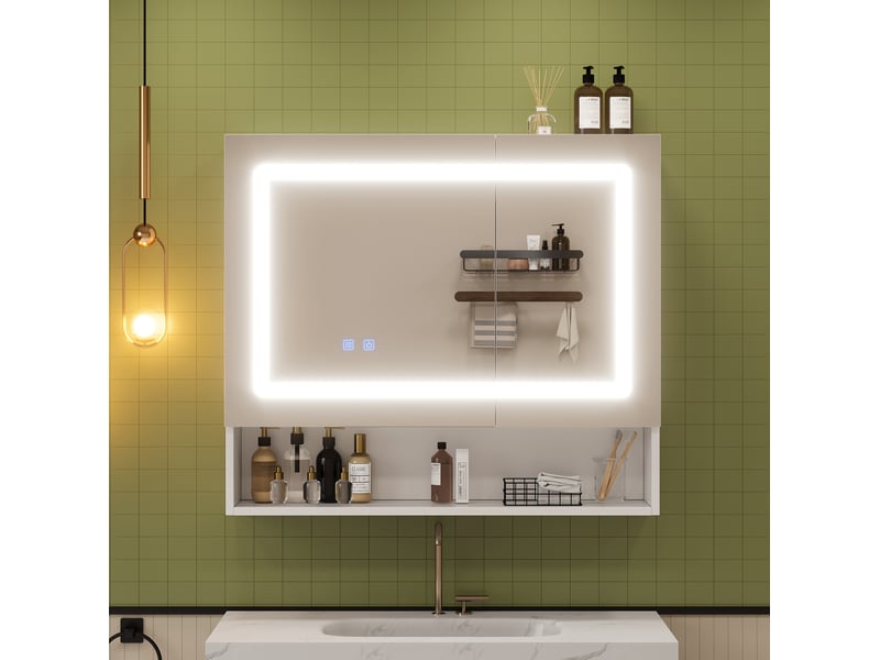 Armoire de salle de bain à miroir led avec 2 portes, 3 espaces de rangement et anti-buée, blanc, 80 × 17 × 70 cm - Conforama D