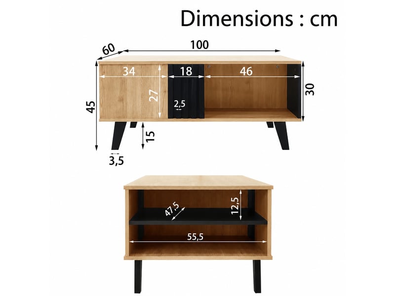  Table basse avec rangement, 100 x 60 x 45 cm, noir et aspect bois naturel  - Conforama C