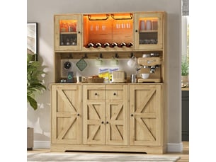 Buffet de cuisine haut 140x40x173 cm naturel avec led rgb, 2 prises + 2 usb, casier à vin et porte-verres