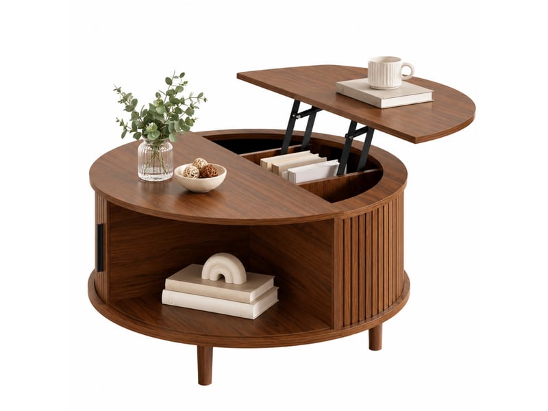  Table basse ronde réglable en hauteur 80 x 80 x 59 cm, rangement avec porte coulissante, effet noyer  - Conforama A