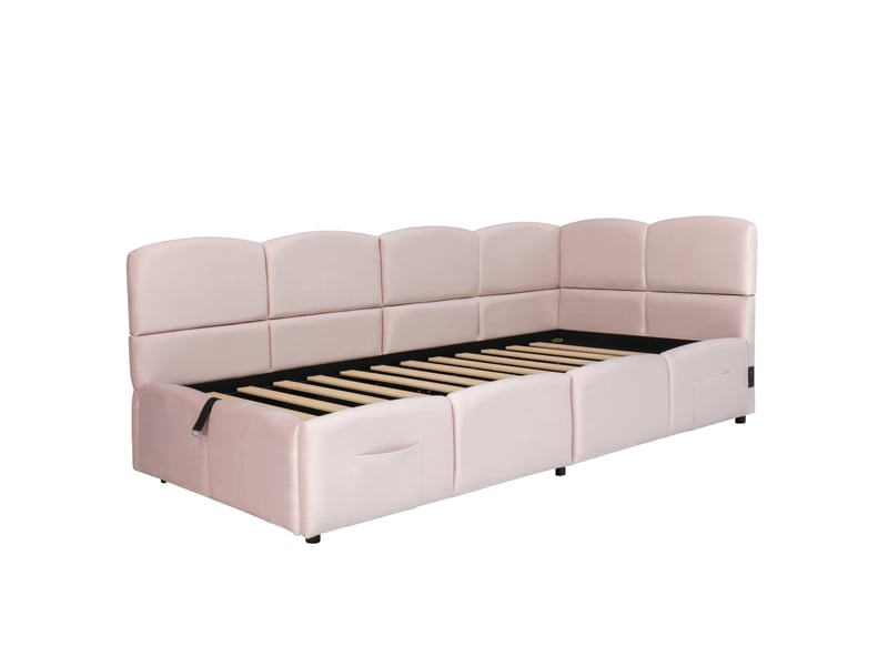  Lit banquette coffre 90x200 cm en velours rose avec usb et rangements  - Conforama W