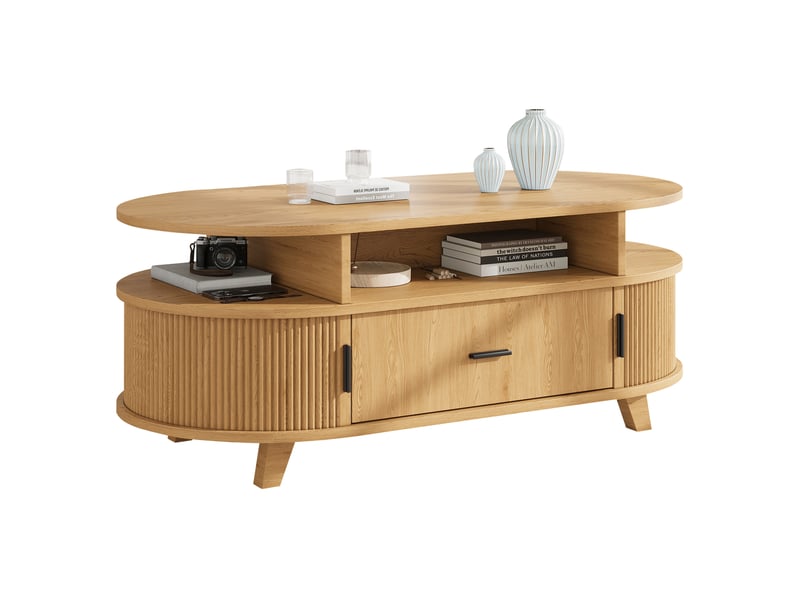  Table basse ovale avec tiroir, table salon en mdf effet bois naturel, 100x50x40 cm  - Conforama A