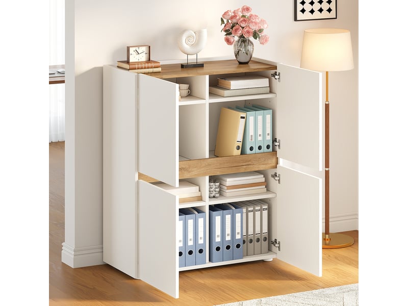 Armoire de rangement 90x40x110 cm – blanc et chêne clair – 4 portes, étagères réglables pour bureau - Conforama D