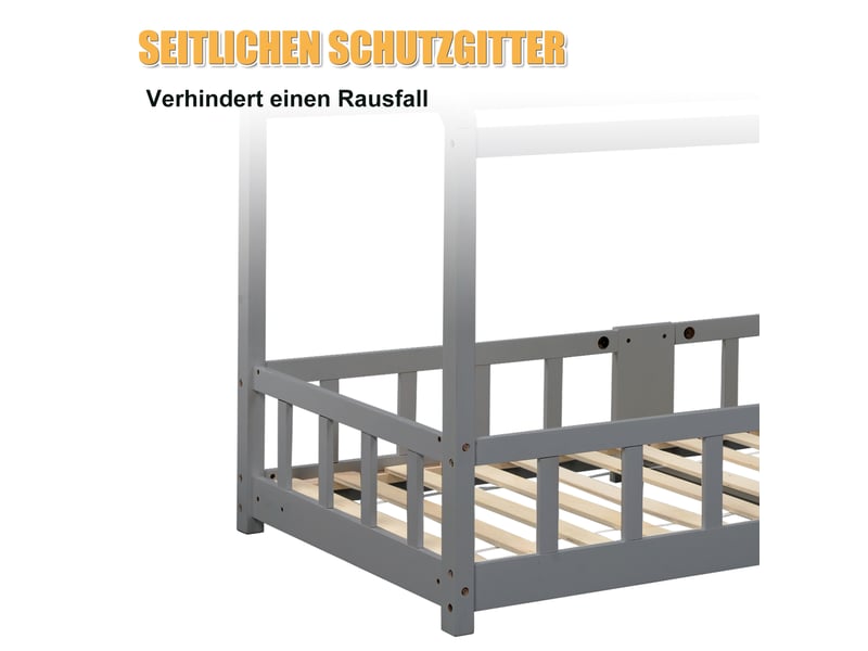  Lit cabane enfant 90x200 cm avec tableau noir, garde-corps et sommier, forme de maison, pin et mdf, gris, sans matelas  - Conforama C