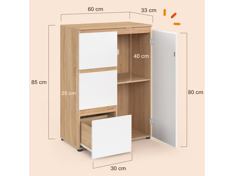  Meuble de rangement salle de bain tomi 3 tiroirs avec placard façon hêtre et blanc  - Conforama E