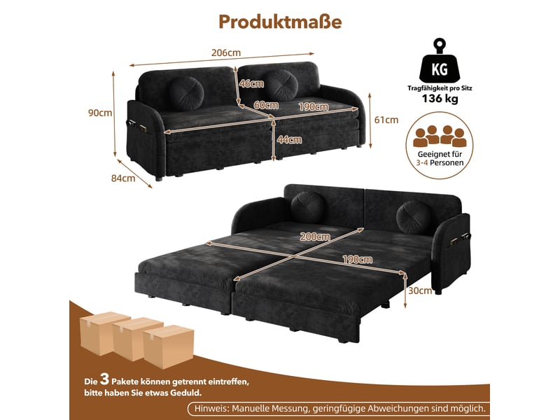  Canapé droit convertible 3 places noir en tissu, couchage 3-en-1 avec rangements latéraux pratiques  - Conforama C