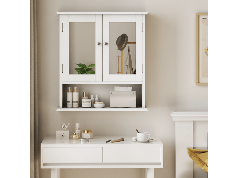  Armoire de salle de bain murale avec miroir, étagères réglables et niche ouverte, en mdf blanc, 54,6 × 19,8 × 60 cm  - Conforama C