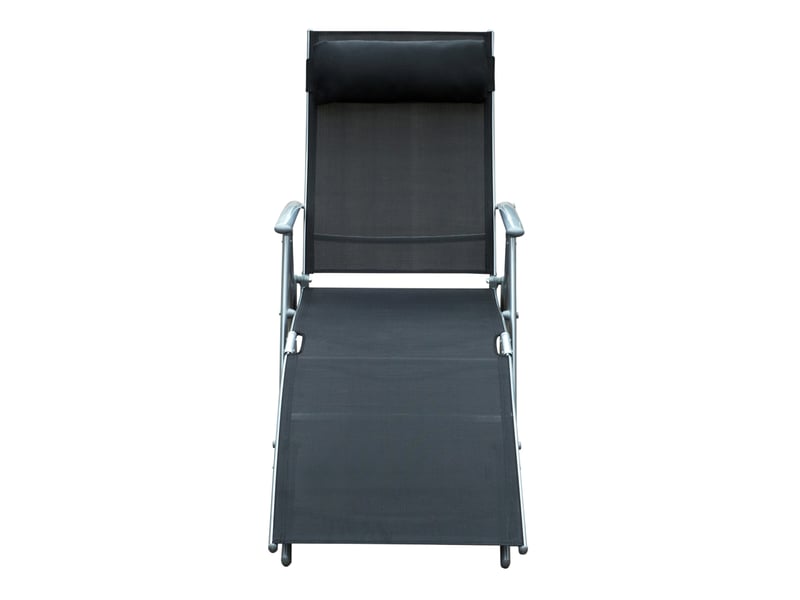 Bain de soleil pliable 137x63,5x100,5 cm – noir – métal, textilène, dossier réglable 5 positions avec coussin - Conforama D