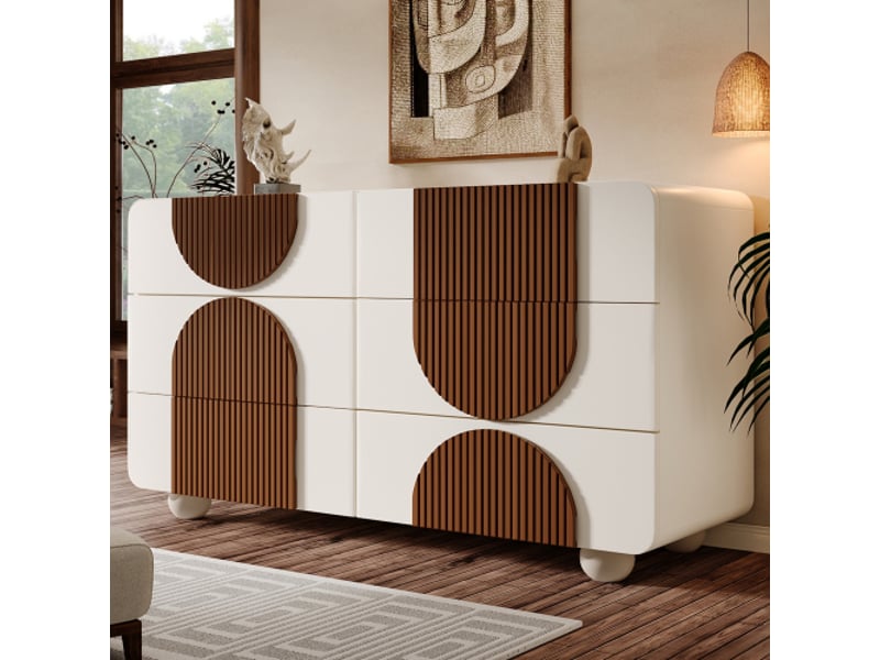  Commode avec 6 tiroirs et courbes, élégant sideboard en blanc avec des barres de bois chocolatées, 121x71x41 cm (bht), blanc  - Conforama B