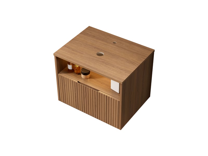 Meuble sous vasque avec 1 tiroir en bois massif et contreplaqué pour salle de bain, finition chêne brun, 69×55×54 cm - Conforama E