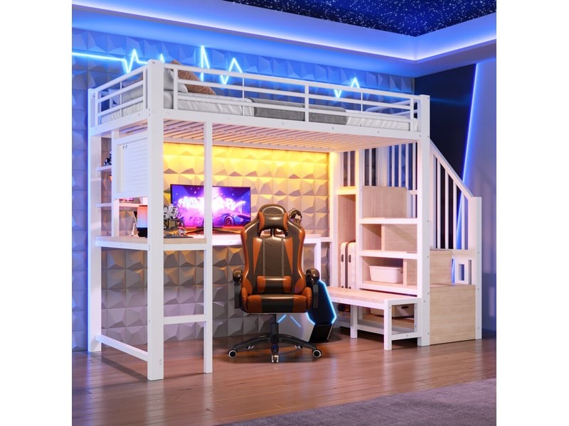  Lit mezzanine enfant 90 x 200 cm avec bureau, rangements, prises usb et usb-c, éclairage led, blanc  - Conforama B