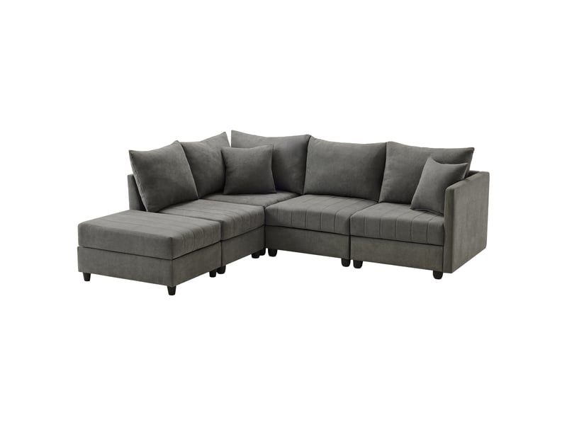  Canapé d’angle modulable 5 places 220x194x85 cm avec pouf mobile, configuration en l ou u, ressorts ensachés, mousse haute résilience, coton-lin,gris  - Conforama A