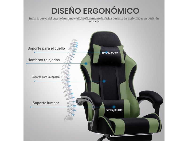 Gtplayer chaise de jeu ergonomique avec repose-pieds, réglable en hauteur - tissu vert GT800A-GE-FA - Conforama D