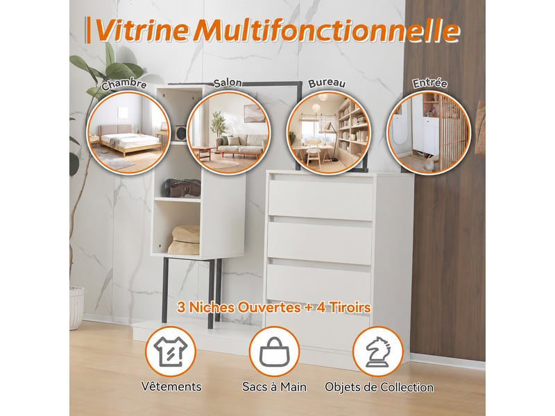  Armoire de rangement 140 x 40 x 135 cm avec 4 tiroirs, 3 étagères ouvertes et penderie, blanc  - Conforama D