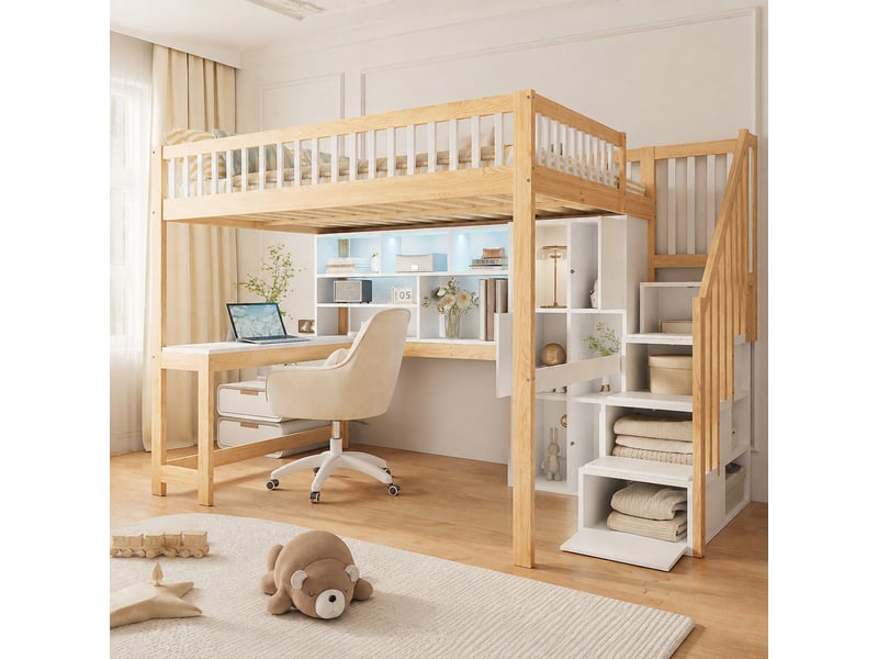  Lit mezzanine 200×140 cm avec bureau, escalier de rangement, étagères et éclairage led, sans matelas, blanc et naturel  - Conforama B