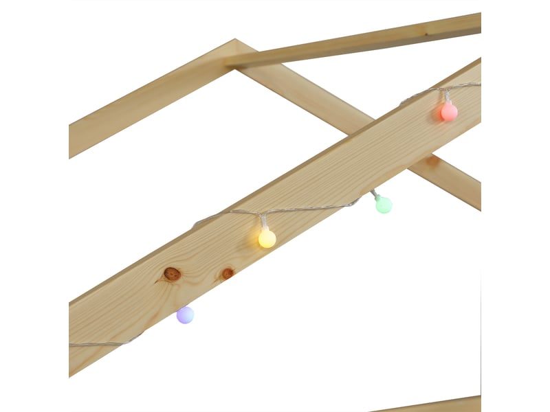 Lit cabane mi-hauteur enfant 120 x 200 cm blanc et naturel, toboggan et échelle réversibles, deux tiroirs et guirlande - Conforama E