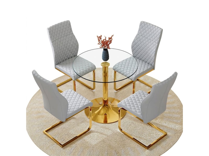  Ensemble table ronde ø85 cm et 4 chaises modernes, verre et assises gris clair, pieds dorés  - Conforama A