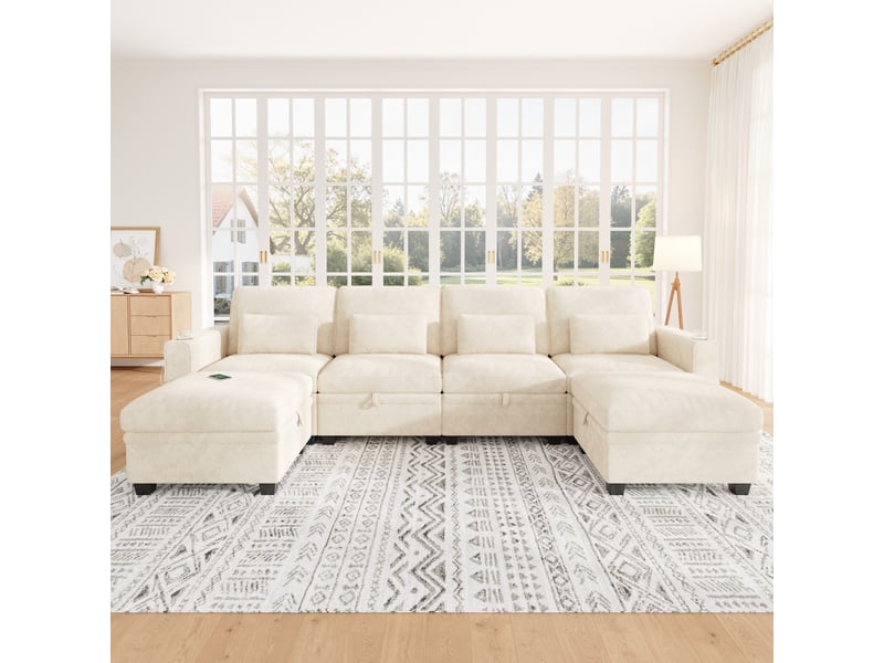  Canapé panoramique convertible 6 places en chenille beige, modulable ul avec 2 poufs de rangement, usbtype-c, dossier réglable, 278 x 148,5 x 88 cm  - Conforama B