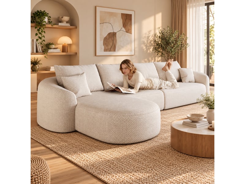 Canapé d’angle modulable 336 cm, 3 places, mousse compressée sans montage, assise profonde avec coin, blanc - Conforama E