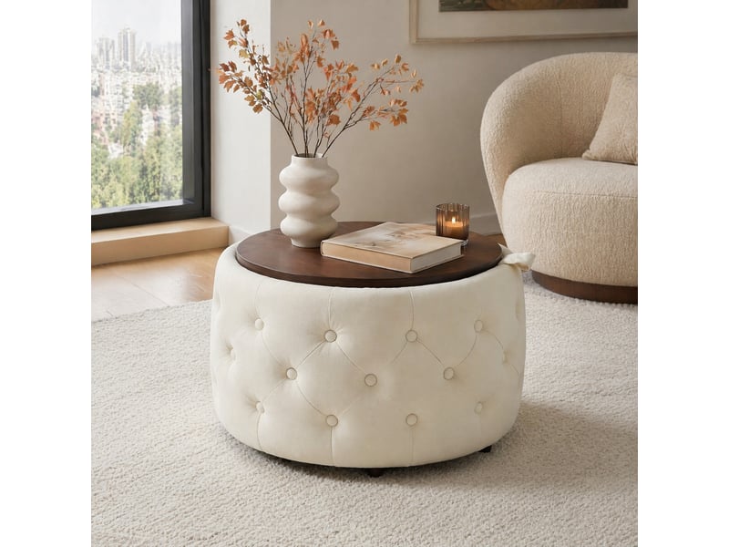 Lot de 2 poufs gigognes ronds 58 cm avec rangement et plateau amovible en bois beige  - Conforama B
