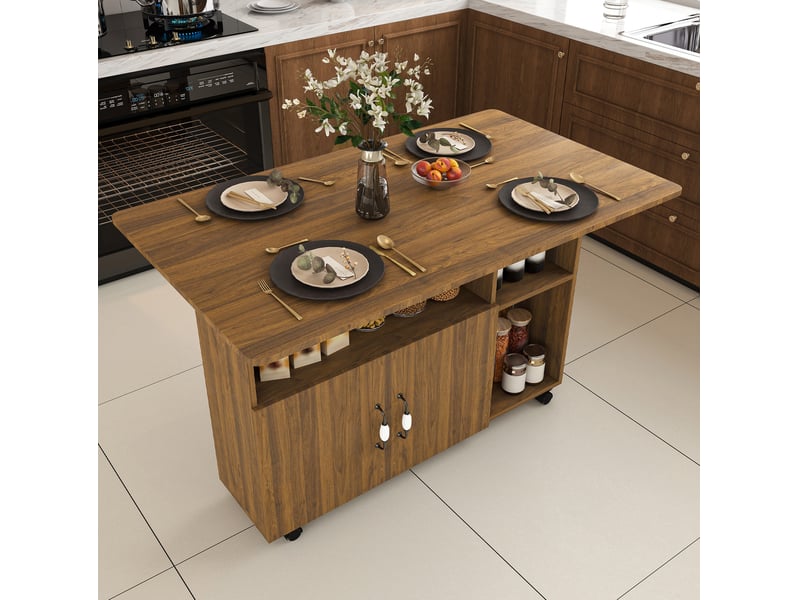 Desserte de cuisine pliante mobile 110x70x80 cm, multifonctionnelle avec 5 niveaux de rangement et 5 roulettes, mdf, noyer clair - Conforama C