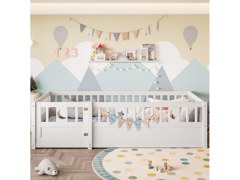  Lit enfant 90 x 190 cm avec barrières verrouillables, décor étoiles et lune, blanc  - Conforama D