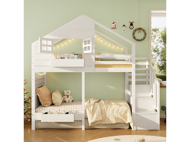 Lit superposé enfant 90x200 cabane avec fenêtre - escalier rangement et protection anti-chute - bois massif blanc - Conforama B