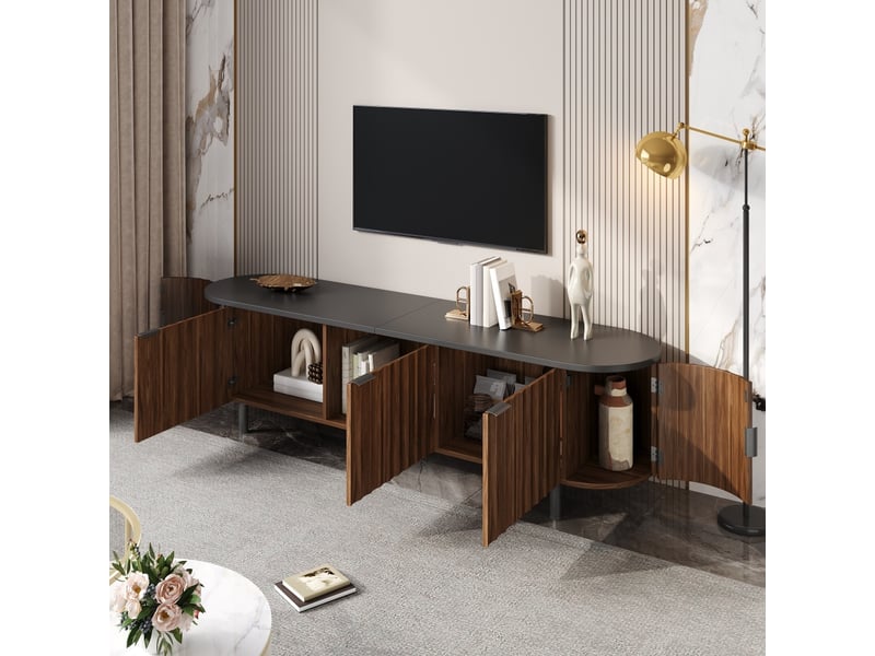  Meuble tv bas en mdf, 5 portes, façade rainurée, côtés arrondis, pieds et poignées en fer, buffet multimédia 170 x 40 x 47 cm  - Conforama D