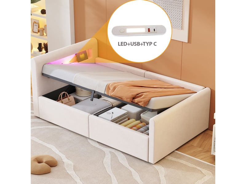  Lit coffre 90x200, ouverture hydraulique assistée lit une personne, revêtement velours, led, ports usb, dossier réversible  - Conforama D