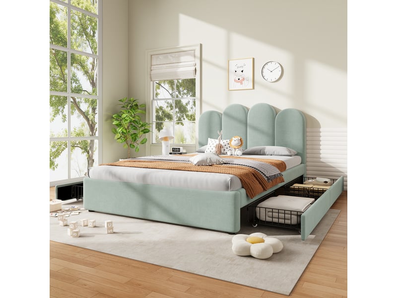  Lit rembourré pour enfants 140x200cm - avec 4 tiroirs - avec sommier à lattes - tissu velours - vert clair (sans matelas)  - Conforama W