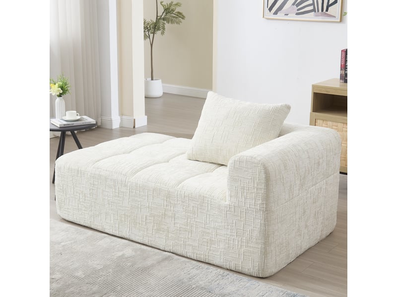  Méridienne fixe en chenille beige 158x90x60 cm avec coussin et poche latérale, assise moelleuse pour salon 158x90x60cm - Conforama B