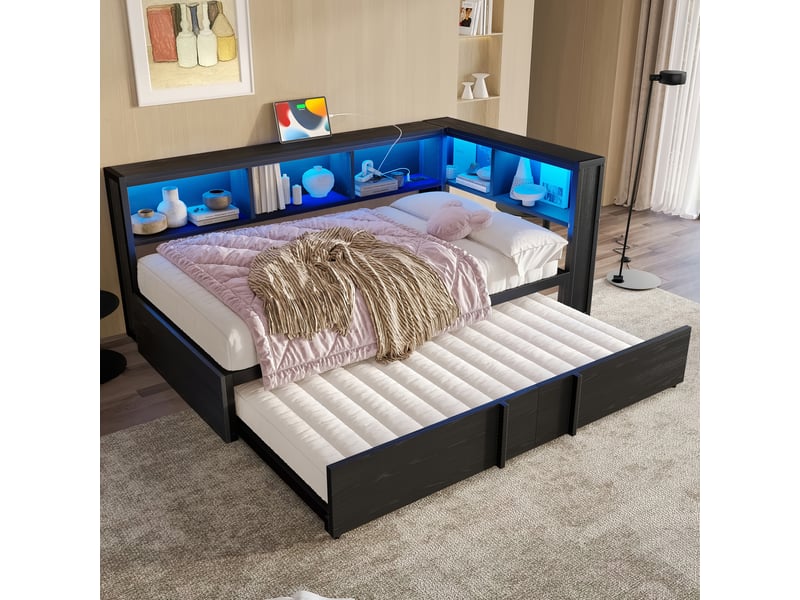  Modenvie lit banquette gigogne 90x200 cm - avec rangements, led et ports usb - pour petit espace - noir  - Conforama B