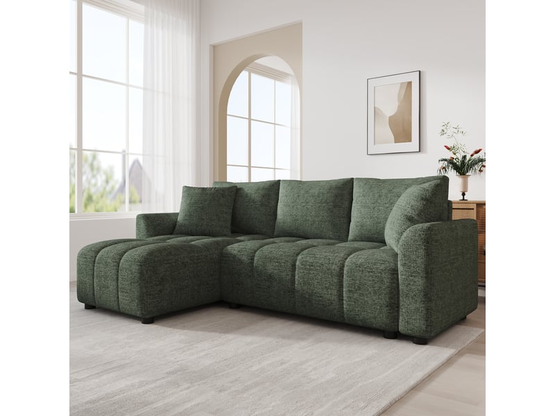 Canapé d’angle modulable en l 3 places 204x127x82.5cm-méridienne réversible-2 coussins-chenille vert BUBBLY - Conforama D