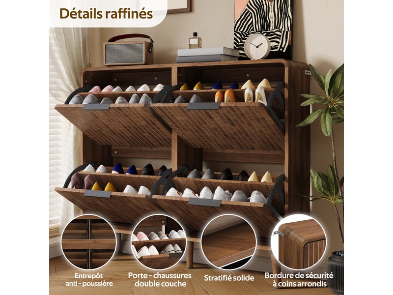  Meuble à chaussures 105x24x90 cm style nordique, double rangement grande capacité pour 18-24 paires, mdf, effet noyer Sol Morn - Conforama E
