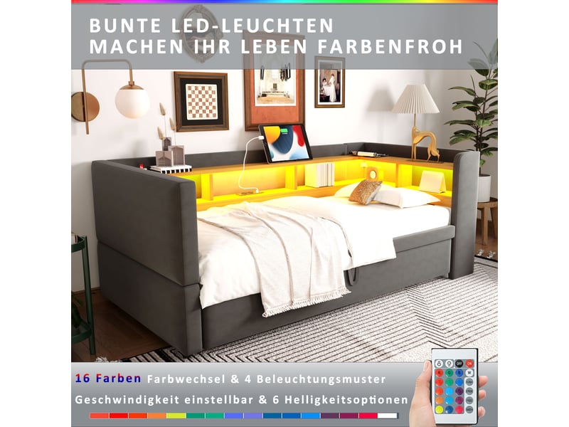Lit gigogne enfant 90x190 cm avec led, prises, rangement, sommier et canapé-lit, flanelle, gris foncé, sans matelas - Conforama E