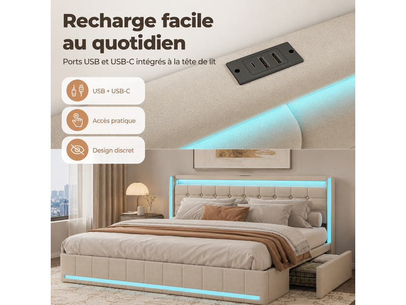  Lit 140 x 190 cm avec sommier à lattes - cadre de lit double avec led et usb tpye c- lit double rembourré avec 4 tiroirs de rangement et tete de lit capitonné - 2 personnes - 2 places- en lin - beige - adulteado - sans matelas -…  - Conforama B
