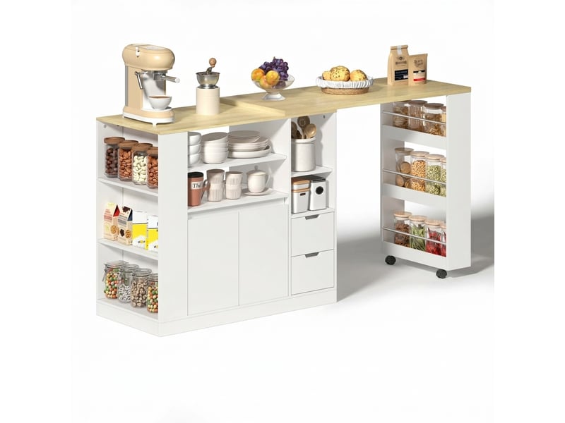  Îlot de cuisine avec plan de travail extensible 115cm mdf blancnaturel  - Conforama R